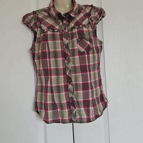 H&M Cotton Button-Down Short Sleeves Ruffled Shirt Hot Pink & Military Green 8 - Picture 1 of 16